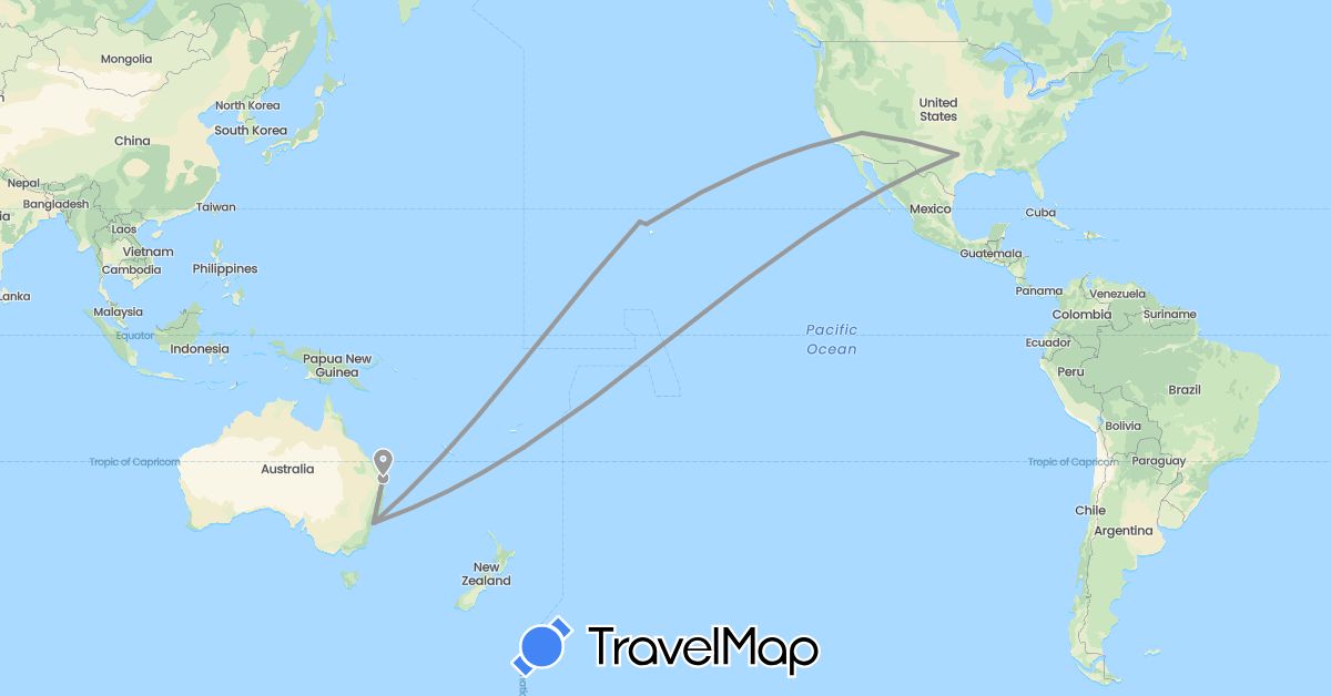 TravelMap itinerary: driving, plane in Australia, United States (North America, Oceania)